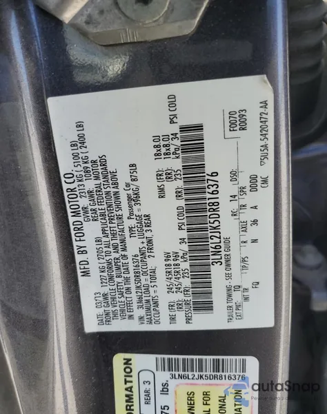 2013 Lincoln Mkz из США, поврежденный, VIN 3LN6L2JK5DR816376